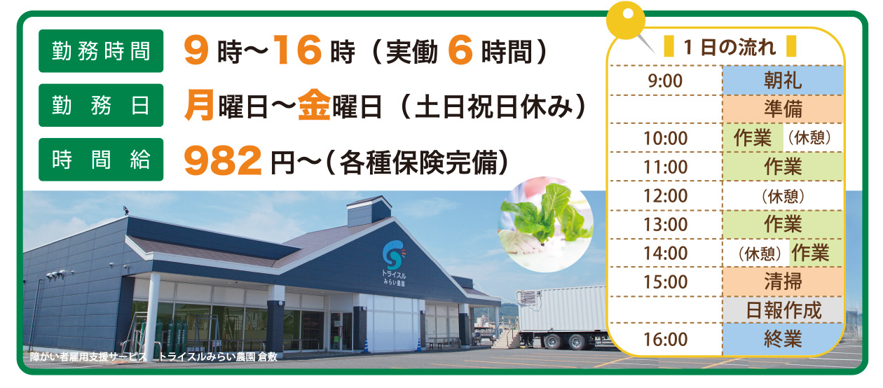【勤務時間】9時〜16時（実働6時間）【勤務日】月曜日〜金曜日（土日祝日休み）【時間給】982円〜（各種保険完備）