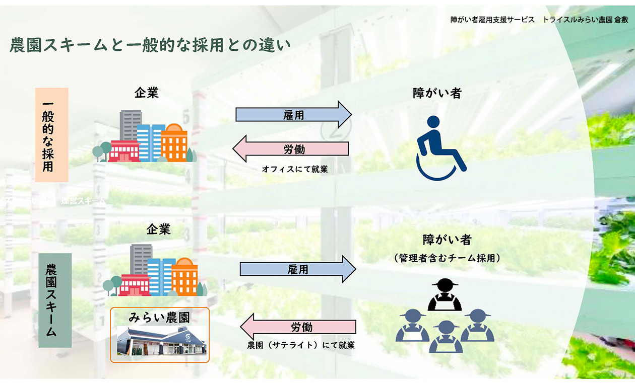 農園スキームと一般的な採用の違い：【一般的な採用】企業が雇用した障がい者は、企業のオフィスにて就業します。【農園スキーム】では、企業が雇用した障がい者（管理者含むチーム採用）は、農園（サテライト）にて就業します。