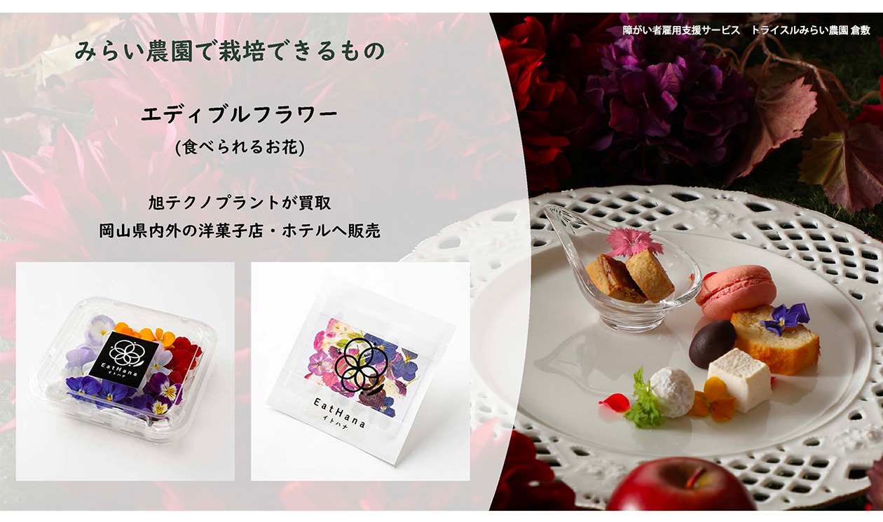 【みらい農園で栽培できるもの】エディブルフラワー（食べられるお花）：旭テクノプラントが買い取り、岡山県内外の洋菓子店・ホテルへ販売（生花・押し花の両方を取り扱っています）