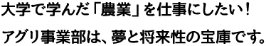 大学で学んだ「農業」を仕事にしたい！アグリ事業部は、夢と将来性の宝庫です。