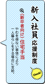 新入社員応援制度　〈新卒者向け〉入社前準備金制度     入社前準備金三〇万円支給。〈新卒者向け〉住宅手当     一人暮らしをする場合に支給。