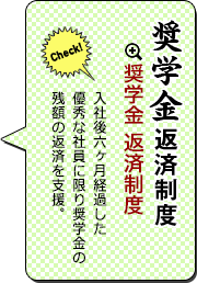 奨学金返済制度　奨学金 返済制度     入社後6ヶ月経過した優秀な社員に限り     奨学金の返済を支援。